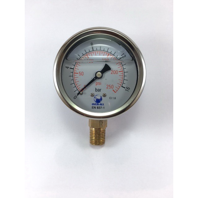 เกจแรงดัน0-16Barหน้าปัด 2.1/2" ตัวเรือนสแตนเลส มีน้ำมัน  เกลียวทองเหลืองออกล่าง 1/4"