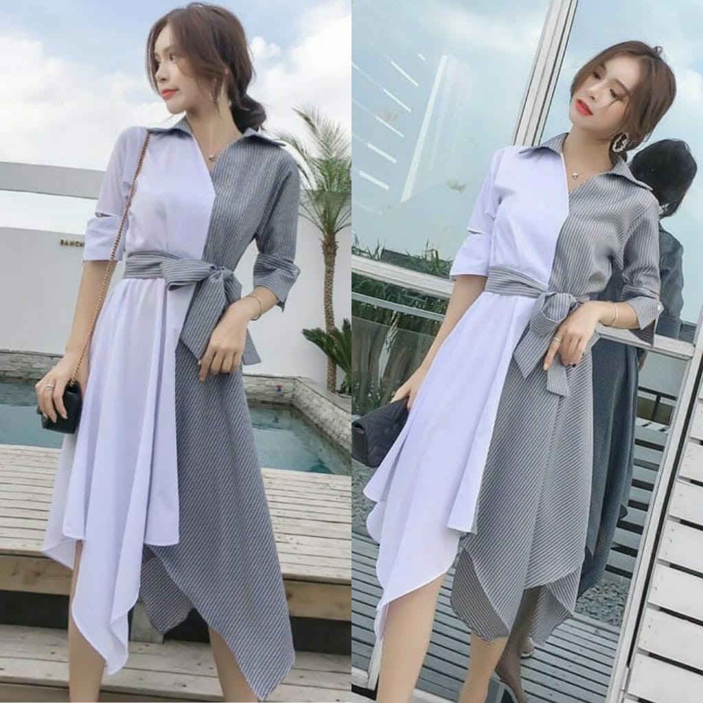 Oscar Fs - DRESS Combi STRIPE - เสื้อผ้าผู้หญิงสีดํา Twiscone Combi Karun Salhr + สายรัดฟรี แฟชั่นที