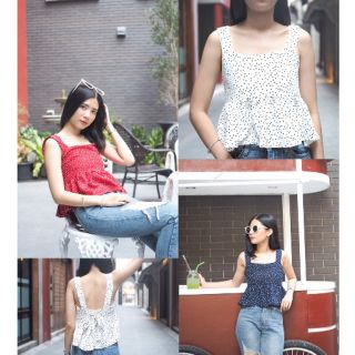 Seasonable.store-Polka dot top เสื้อแขนกุดโบว์หลัง