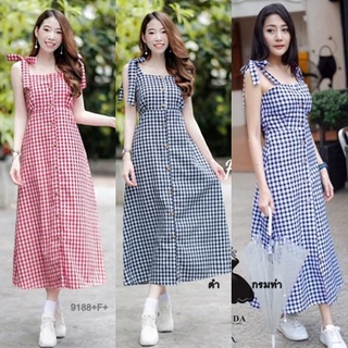 MF9188  Maxi Dress แม็กซี่เดรสผูกไหล่ลายสก็อต เนื้อผ้าทออย่างดี ติดกระดุมด้านหน้า ทรงน่ารักใส่ได้บ่อยๆคะ  สี : 3 สี   ขน