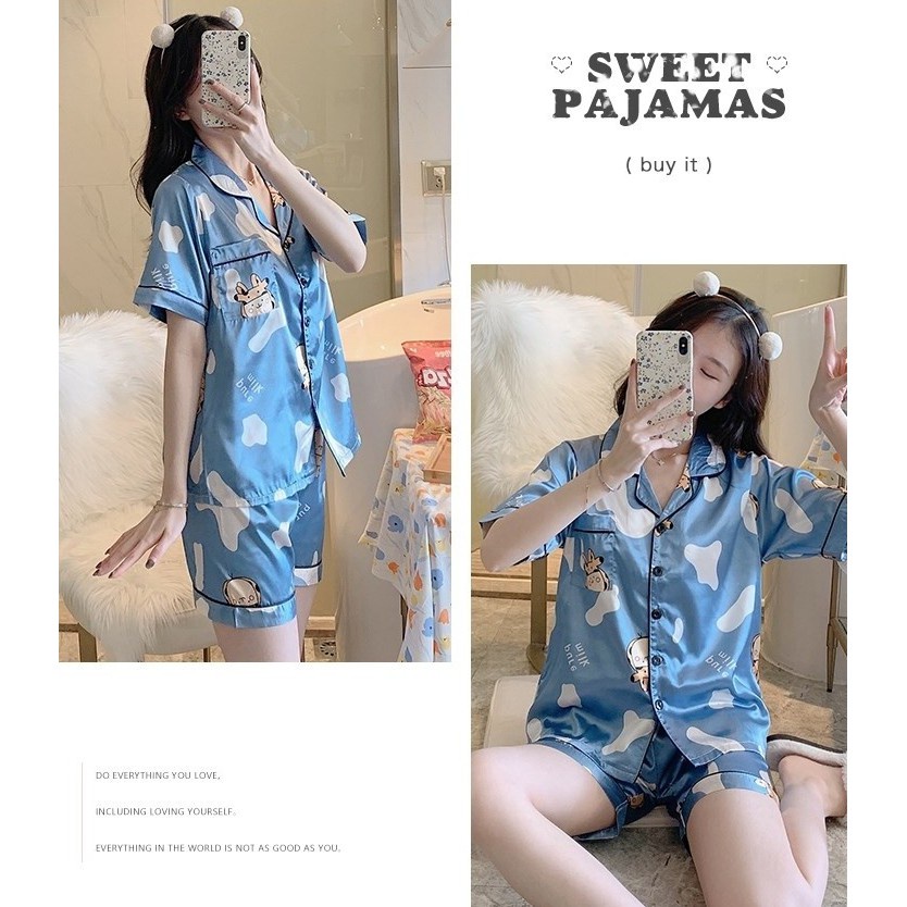 NS31 ชุดนอนผ้าซาติน ลายการ์ตูนน่ารักๆ ชุดนอนหญิง รอบอก 32-40 นิ้ว เสื้อแขนสั้น+กางเกงขาสั้น ชุดนอน ชุดนอนหญิง ผ้าซาติน