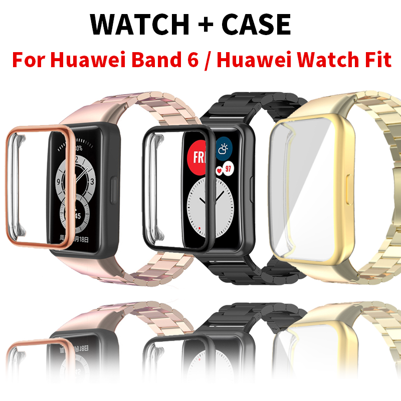 For Huawei Band 6 / honor band 6 สแตนเลส สายนาฬิกา + เคส For Huawei Watch Fit าข้อมือ สาย นุ่ม เคส