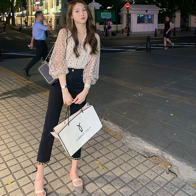 เสื้อเชิ้ต ผ้าชีฟอง แบบบาง พิมพ์ลายจุด แต่งลูกไม้ แฟชั่นฤดูใบไม้ผลิ และฤดูร้อน สําหรับผู้หญิง - รูปที่ 2