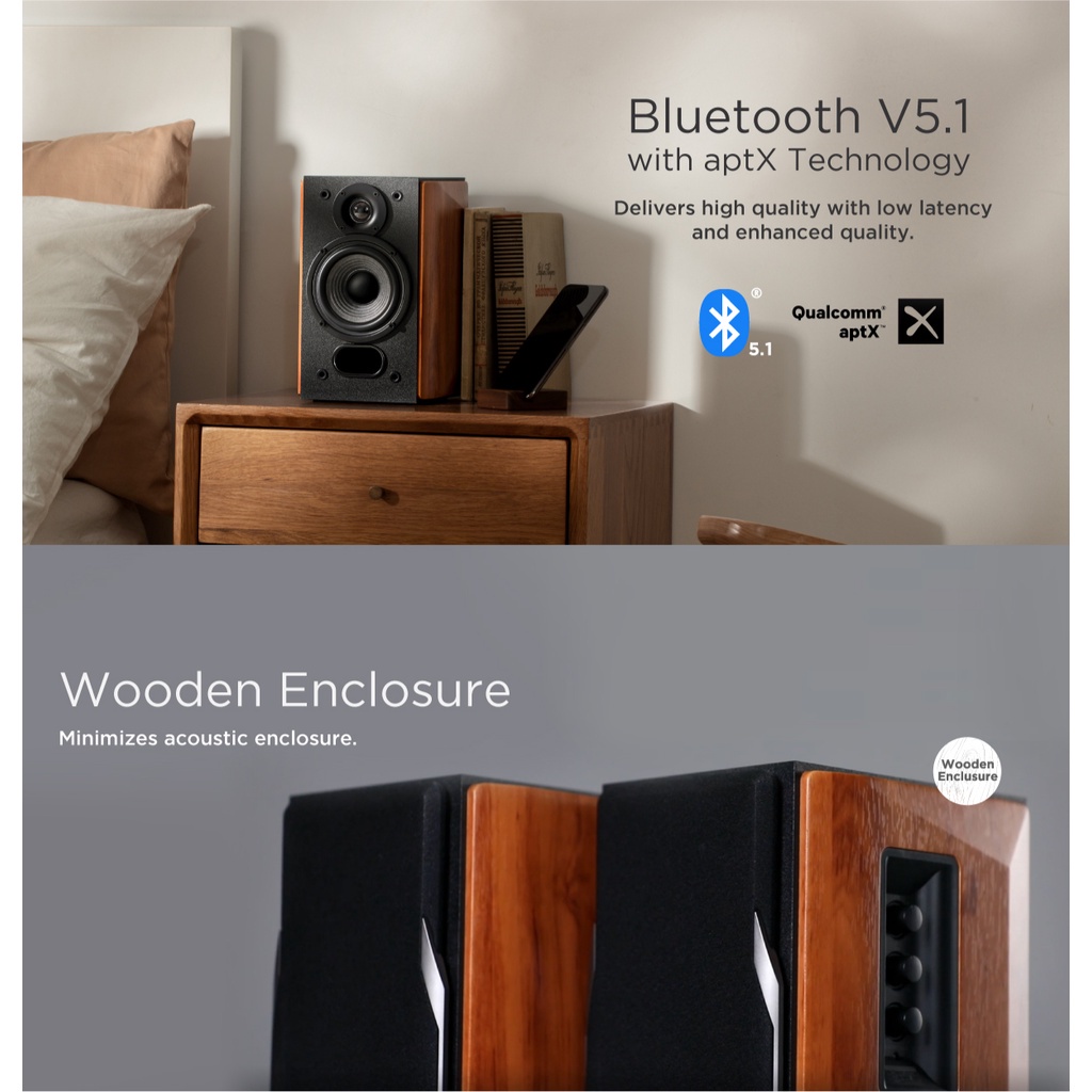 Edifier R1380DB 2.0 Professional Bookshelf Active Speakers - Bluetooth/Optical/Coaxial, Line In Connection Wireless Remote Brown