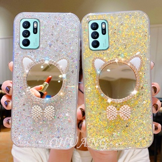 2021 New Girl Fashion Case OPPO Reno6 Z Reno6 Reno5 Pro 5G เคส Mobile Phone Case Bowknot Diamond Makeup Mirror Silicone Protective Cover เคสโทรศัพท