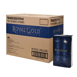 กระดาษเช็ดมือชนิดแผ่นตราROYALGOLDความหนา1ชั้นผลิตจากเยื่อกระดาษบริสุทธิ์100% 250แผ่น/ห่อ(16ห่อ/ลัง)ทิชชู่เช็ดมือPLUDเกรด