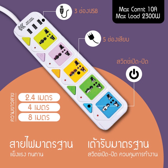 ปลั๊กไฟ 3ช่องUSB 3เมตร/5เมตรเต็ม มีช่องปลั๊กไฟ มีสวิตซ์เปิดปิด (สุ่มสี)