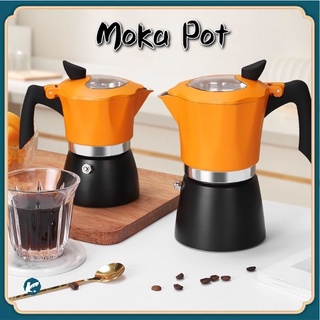 【KC】3/6Cup Moka Pot กาต้มกาแฟสดพกพา หม้อต้มกาแฟ ทรงแปดเหลี่ยม (ด้ามจับเป็นพลาสติกลายไม้)  150/300ML