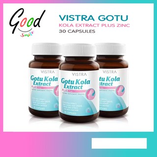 (Set 3 ขวด) VISTRA Gotu Kola Extract plus Zinc สารสกัดจากใบบัวบก บรรเทาอาการอักเสบของสิว ขนาด 30 เม็ด