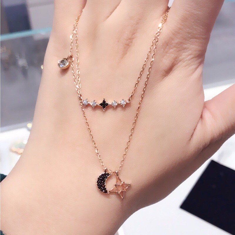 Swarovsk สวารอฟสกี้แวววาวดวงจันทร์ดาวคู่และสร้อยคอแฟชั่นชุดสร้อยคอแฟชั่นส่งแฟนของขวัญ星月双层项链