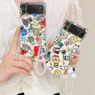 เคสโทรศัพท์มือถือ PC แข็ง แบบใส ลายการ์ตูน Sesame Street Snoopy พร้อมสายโซ่คล้อง สําหรับ Samsung Z Filp 4 3 2 1