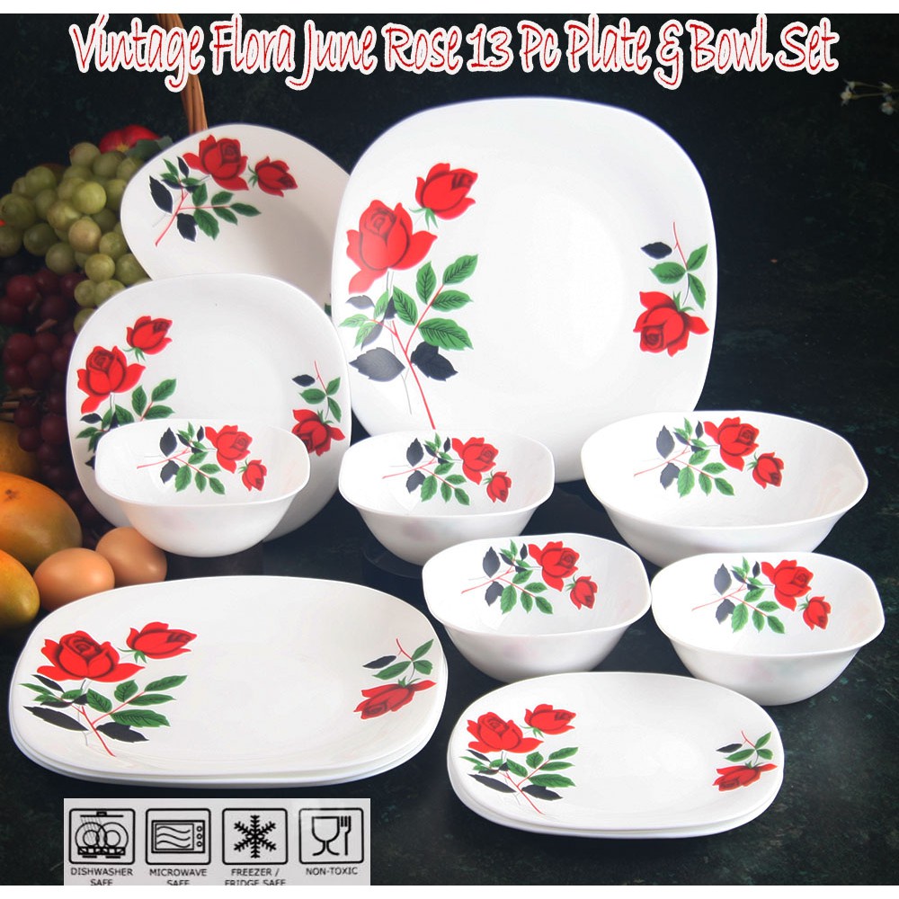 13 PC OPAL VINTAGE FLORA JUNE ROSE จานและชุดโบว์ SE13285