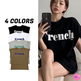 🚩Sale80%🚩เสื้อยืดแขนกุดสกรีนลาย French คอกลม 4 สี