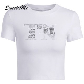 Sweeticme ใหม่ เสื้อยืดลําลอง แขนสั้น คอกลม ทรงสลิมฟิต พิมพ์ลาย เซ็กซี่ แฟชั่นสําหรับสตรี 2022