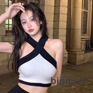 BIGMALL-Women Midriff-baring Tank Top, Summer Black White Color Matching Cross Hanging Neck Off Shoulder Sleeveless