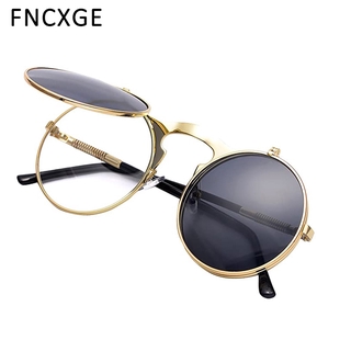 Vintage Men Sunglasses Women Retro Punk Steampunk Flip Up Round Sun Glasses Metal Frame Colorful Lens High Quality UV400 Eyewear