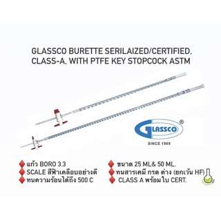 Burette PTFE blue scale class A บิวเรตต์ พร้อมใบ cert. ยี่ห้อ Glassco UK ขนาด 25 ml 50 ml