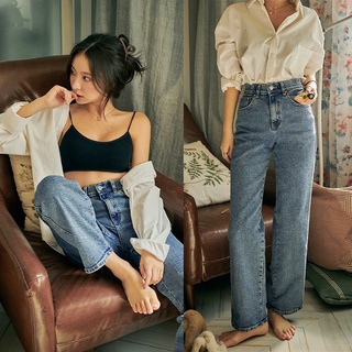 【pre-order】กางเกงยีนส์เกาหลี Chuu -5kg jeans high rise waistband washed straight jeans