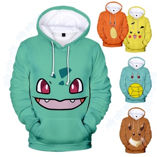 เสื้อแจ็กเก็ตลําลอง มีฮู้ด ลายการ์ตูนโปเกม่อน Pikachu Eevee Squirtle Bulbasaur สําหรับเด็กผู้ชาย และเด็กผู้หญิง