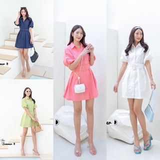 Brand: Summer D มินิเดรส คอปกเชิ้ต ทรงแขนตุ๊กตาฟอง ปลายแขนจั๊มด้านหน้าจับจีบ งานผ้าพื้นใส่สบาย มาพร้อมเข็มขัด