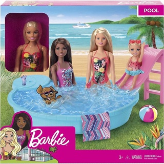 Barbie Doll Blonde Pool Playset with Slide and Accessories ตุ๊กตาบาร์บี้และสระว่ายน้ำพร้อมสไลเดอร์ ของแท้