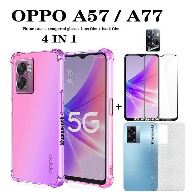 (4 In 1) OPPO A57 4G A77 A16 A16K A76 A96 A94 A15 A15S เคสโทรศัพท์ไล่ระดับสี + ฟิล์มกระจกนิรภัยแบบเต็มหน้าจอ + ฟิล์มเลนส์ + ฟิล์มด้านหลัง