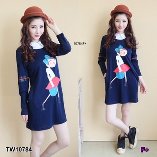 TwinsShopVip💗พร้อมส่ง TW10784 เดรสคอปกแขนยาวอกสกรีนลายการ์ตูนผู้หญิง Womens cartoon print long sleeve collare