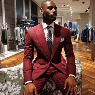 Burgundy Men เจ้าบ่าว Tuxedo ชายชุด Slim Fit 2ชิ้นพรหม Blazer ชุดใหม่ Terno Traje Hombre Mens ชุดกับกางเกงZ