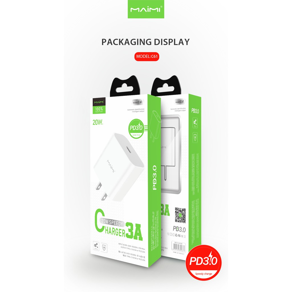 ชุดชาร์จ Maimi Quick USB Charger Kit PD Fast Model-C61 20W-PD3.0-Fast charger-US