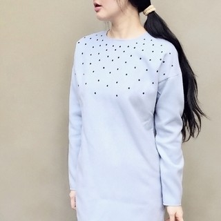 ชุดเดรสผ้าวูลสีฟ้าปักลายจุด Puffyown Blue Dot Wool Dress