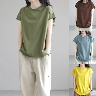 Korean🧧 เสื้อยืดตกแต่งป้ายดำคอกลมแขนสั้น ชายโค้งมน 5 สี
