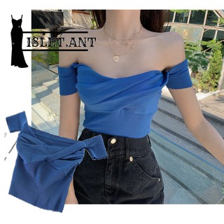 Tik tok เสื้อยืดแขนสั้น  เสื้อยืดถัก เปิดไหล่ เสื้อยืดคอเหลี่ยม  ผ้ายืดใส่สบายมากๆ