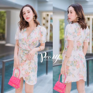 Peony Dress พิมพ์ลายดอกแต่งเลื่อม แขนสั้น ผ้าสวยมากกก พิมพ์ลายดอก เย็บแต่งเลื่อม เอวติดโบว์