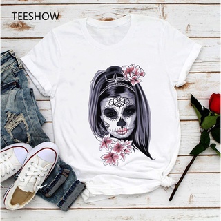 เสื้อยืดแขนสั้น พิมพ์ลายหัวกะโหลก Mexico Day of The Dead Sugar แฟชั่นฤดูร้อน สีขาว สําหรับผู้หญิง