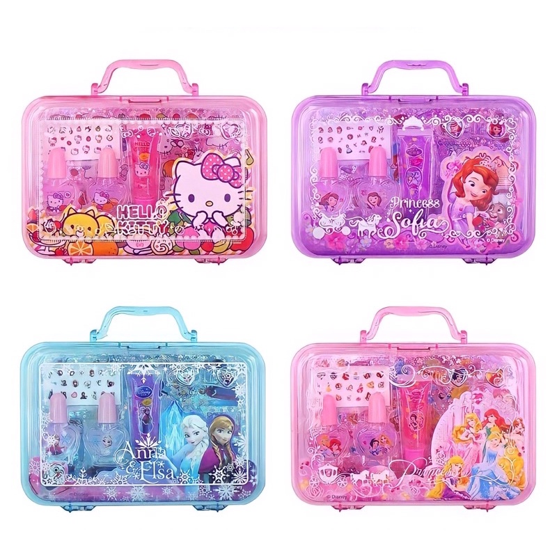 ชุดสีทาเล็บเด็ก น้ำยาทาเล็บเด็ก สติ๊กเกอร์ติดเล็บ แหวน ลิปกลอส ชุดระบายสี บรรจุกล่องหิ้วลายเจ้าหญิง