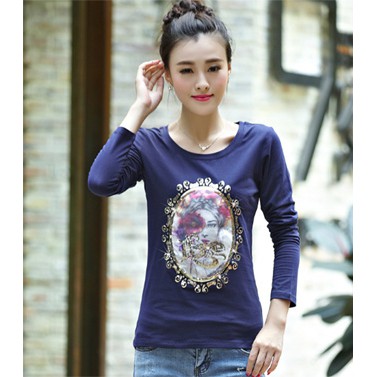 เสื้อยืดแขนยาว คอกลม รูปหน้าผู้หญิง (น้ำเงิน) รหัส FLF-04