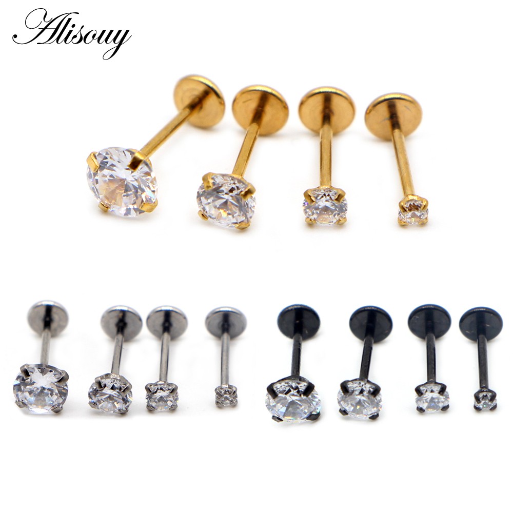 Alisouy 1PC 20G รอบ CZ อัญมณี Labret Lip Stud แหวนต่างหูหู Helix Lip เจาะแหวนจมูกแบนกระดูกอ่อน Tragus Body เครื่องประดับ