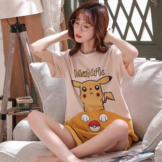 ชุดนอนเสื้อยืดแขนสั้นกางเกงขาสั้นพิมพ์ลายการ์ตูน pikachu สําหรับผู้หญิง 150 มม.