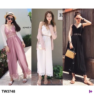 TwinsShopVip💗พร้อมส่ง TW3748 จั้มสูทสายเดี่ยวแต่งลูกไม้