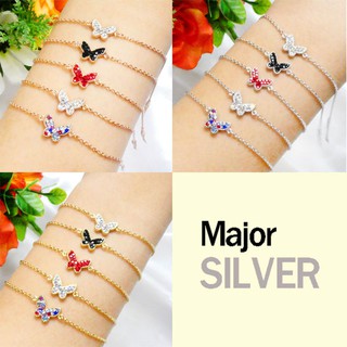 สร้อยข้อมือเงินแท้ 92.5% ยาว7นิ้ว พร้อมจี้ผีเสื้อ ติดพลอย Swarovski ใส่ออกงานฟรุ้งฟริ้งสุดๆ สร้อยเงินแท้100 Major Silver