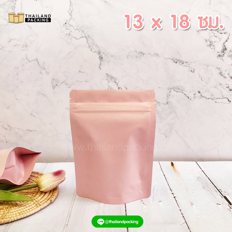 ถุงซิปล็อค สีชมพูพาสเทล ทึบ เนื้อด้าน ขนาด 13x18 ซม. ตั้งได้ (100 ใบ)