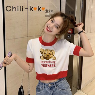 ​Chili_k❤️k❤️ 7201🌟 พร้อมส่ง🌟เสื้อ​ไหมพรม​แขน​สั้น​Teddy bears 🐻 เกาหลี​น่ารัก​มาก​ๆ