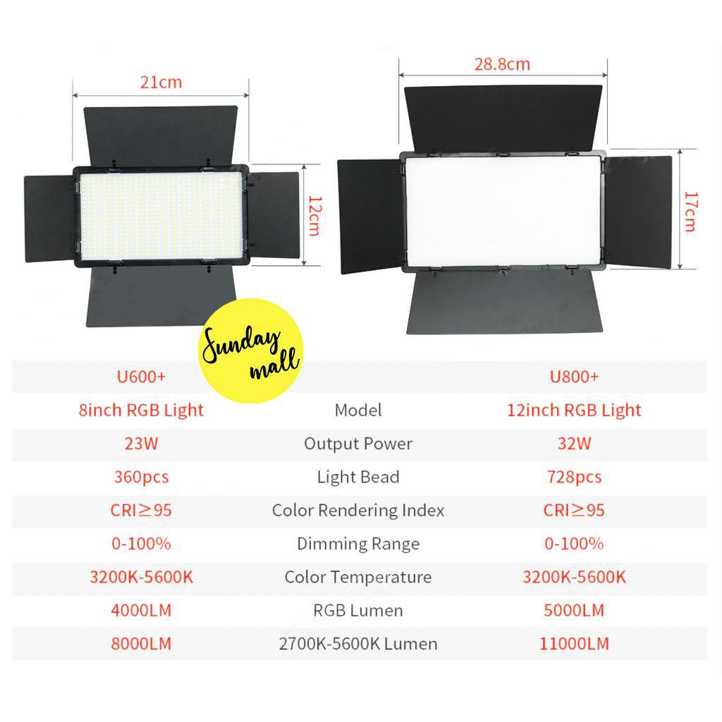 RGB LED Video Light RGB ไฟต่อเนื่อง RGB แบบพกพา ปรับความสว่างและอุณภูมิสีได้ U600+/U800+