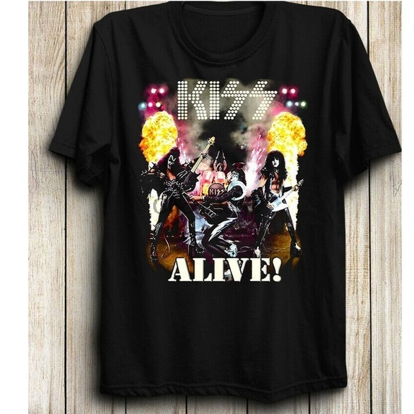 [S-5XL] 【สไตล์คลาสสิก】Gildan เสื้อยืด ผ้าฝ้าย 100% พิมพ์ลาย Kiss Band Paul Stanley Ace Frehley Alive สีดํา สําหรับผู้ชาย
