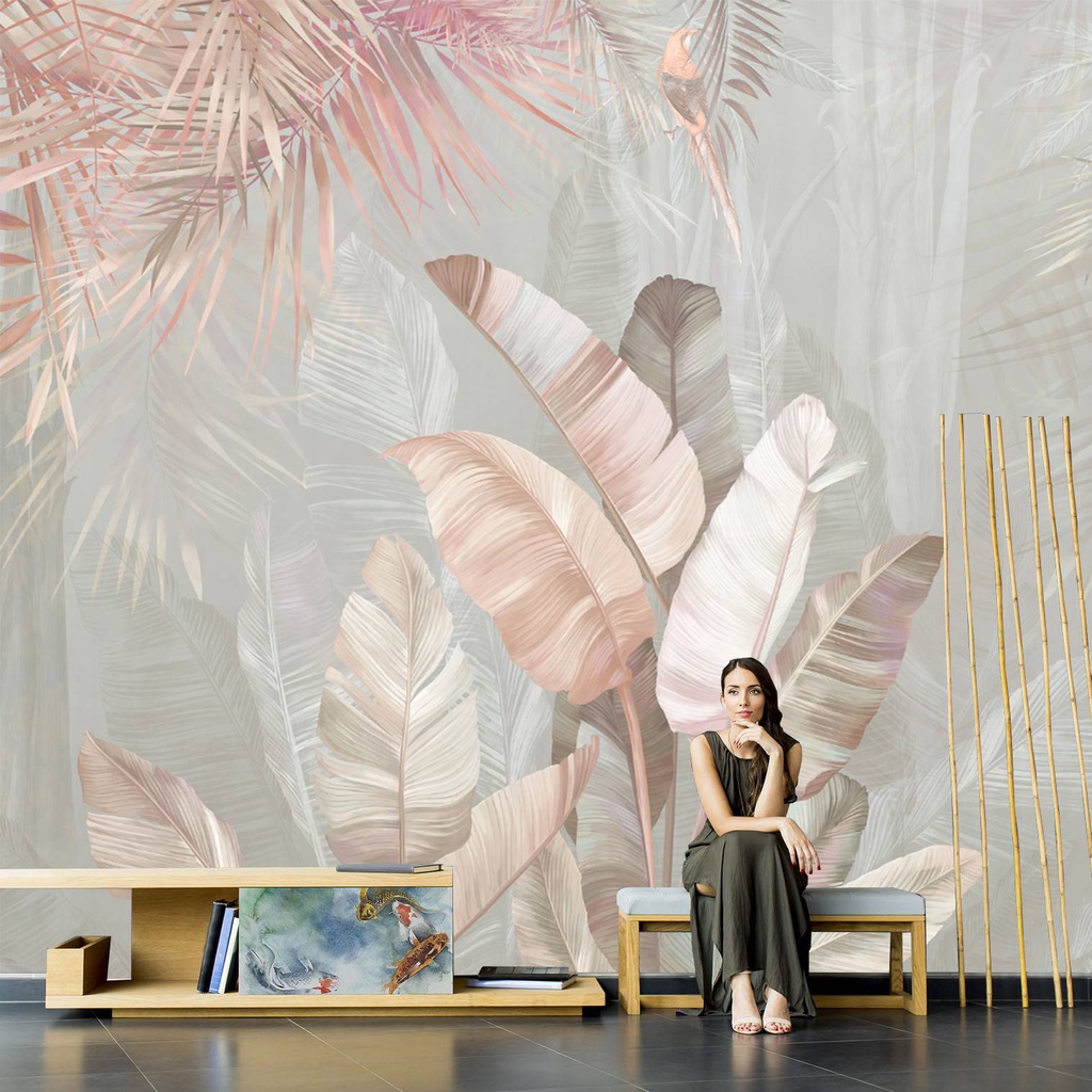 PVC กันน้ําขนาดที่กําหนดเอง Banana Leaf วอลล์เปเปอร์วอลล์เปเปอร์ 3d ภาพจิตรกรรมฝาผนังห้องนั่งเล่นห้องนอนรับประทานอาหาร Tropical Rainforest