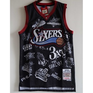 ใหม่ NBA Philadelphia 76ers สําหรับผู้ชาย #เสื้อกีฬาบาสเก็ตบอล ปักลายโลโก้ Allen lverson สีดํา 3 ชิ้น