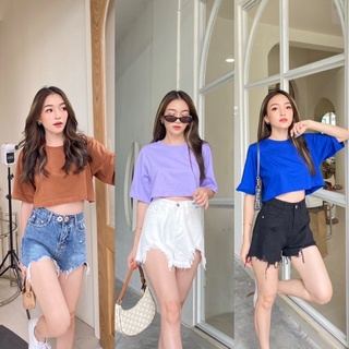 🦋Maybe🦋เสื้อครอปคอกลมสีสดใส 20สี💕เสื้อยืดครอปแขนสั้น เสื้อครอปเอวลอยผ้าCotton