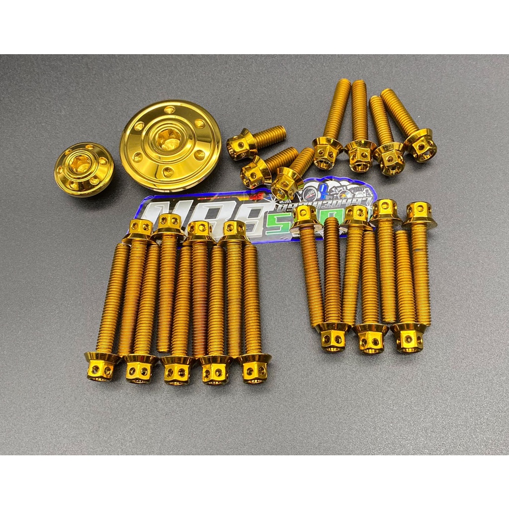 น็อตแคร้งเครื่อง+ปิดจานไฟ สำหรับ เวฟ125R/S/i/วาฬ/บังลม/ดรีม125 น็อตแคร้งเครื่องหัวเจาะสีทอง เลสแท้10