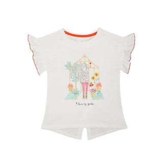 Mothercare เสื้อยืดเด็กผู้หญิง สีขาว แต่งระบายปลายแขน i love my garden glitter t-shirt