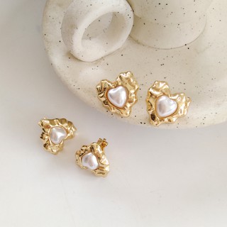 Korea Pearl Heart Clip 925 Silver Gold Earrings ต่างหู ตุ้มหู หนีบ หัวใจ สีทอง มุก ก้านเงิน แท้ ไม่แพ้ สำหรับ ผิวแพ้ง่าย